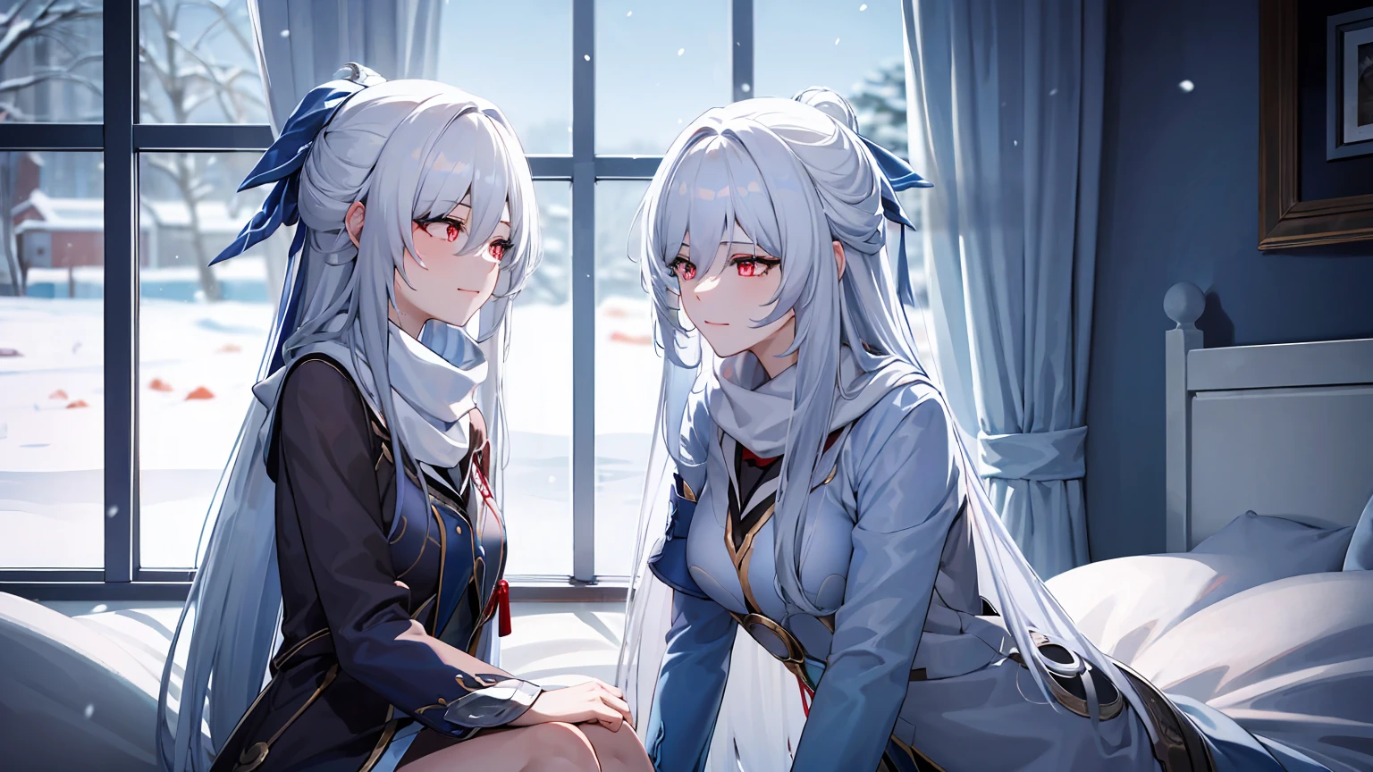 masterpiece, best quality, JingliuV5, 2girls, white hair, long hair, red eyes, white dress, white sailor collar, white scarf, sitting on bed, indoors, bedroom, windows, blue sky, winter, snow, warm smile, upper body. closed mouth,