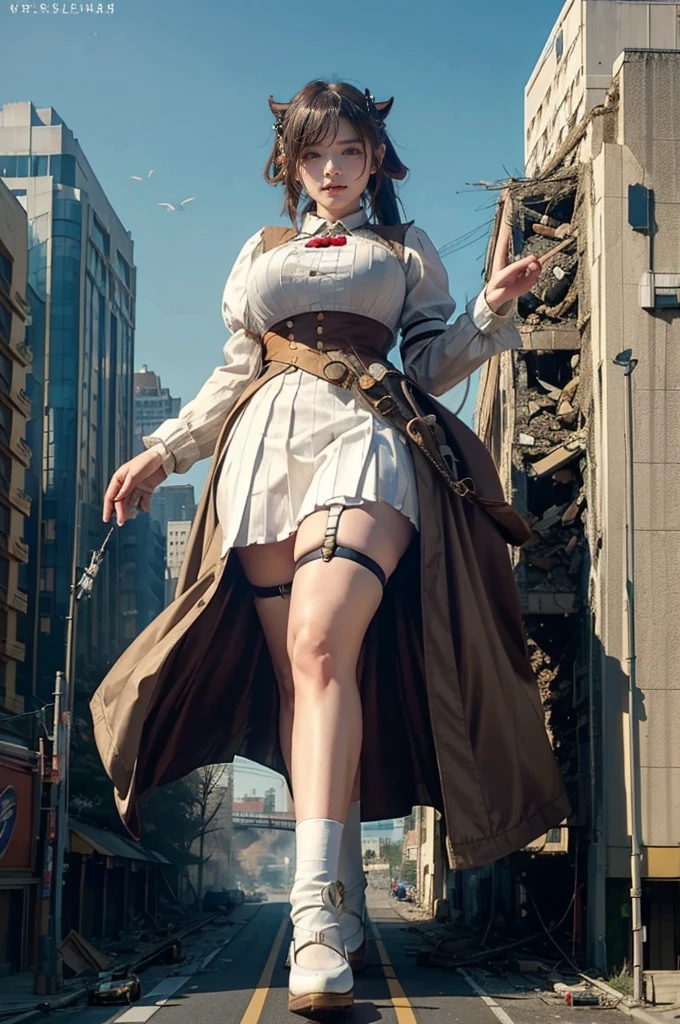 looking at the camera、steampunk、Standing on top of a ruined building、Big building explosion、The building collapses、Urban hustle and bustle、Traffic jam、City of Rubble、street tree、Car and bus、truck、taxi、City boulevard、Pedestrian bridge、Streetcar route((((Azur Lane Cheshire Cosplay))))、Frilled maid outfit、（(Super huge breasts)）、（(Plump thighs)）、Ground View，City of Giants,500 foot tall giant girl，skyscraper,Has super long legs,Step into the crowd，There are many people on the street,Knee-high socks，A happy look，Standing on the ruins，Beautiful appearance，Exquisite makeup，quality，8k，高quality，Perfect Proportions, Cinema Lighting，Film Grain，The Colors of Fuji，8k，Textured skin，Super Detail，High detail，high quality，High resolution，explode，False Smile、Reaching out