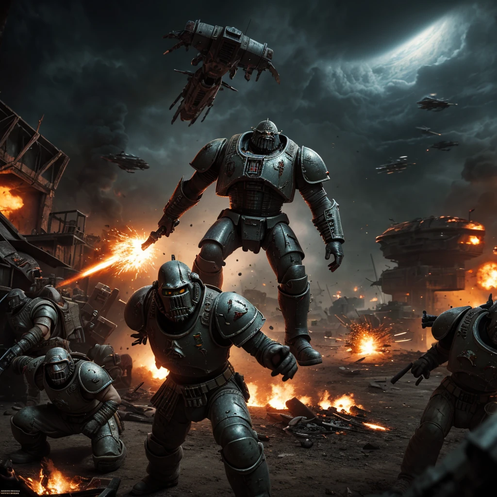 A highly detailed battle scene of space marines fighting against Orks on a war-torn world, cinematic angles, dramatic lighting, gritty textures, intricate machinery, explosions, sci-fi weapons, grim dark atmosphere, masterpiece, 8k, photorealistic, hyper detailed