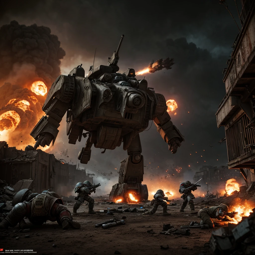 A highly detailed battle scene of space marines fighting against Orks on a war-torn world, cinematic angles, dramatic lighting, gritty textures, intricate machinery, explosions, sci-fi weapons, grim dark atmosphere, masterpiece, 8k, photorealistic, hyper detailed