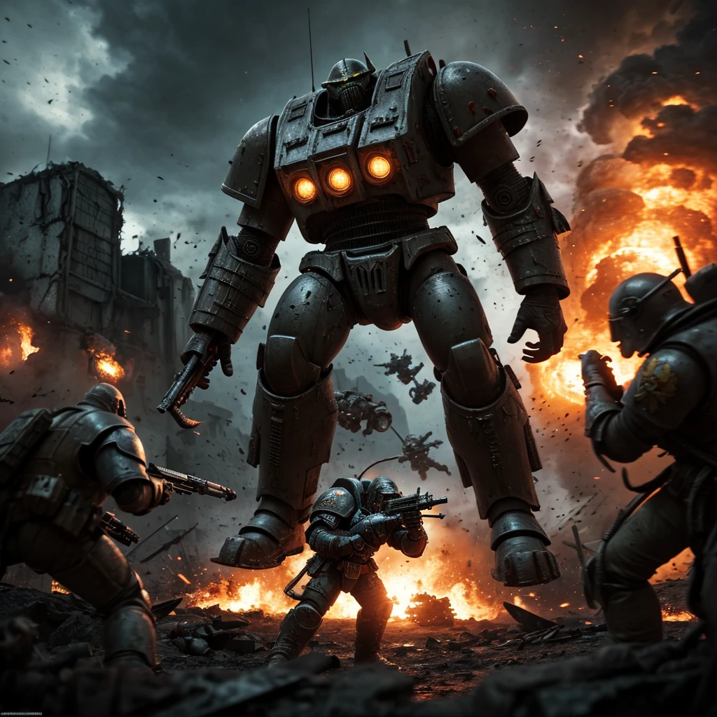 A highly detailed battle scene of space marines fighting against Orks on a war-torn world, cinematic angles, dramatic lighting, gritty textures, intricate machinery, explosions, sci-fi weapons, grim dark atmosphere, masterpiece, 8k, photorealistic, hyper detailed