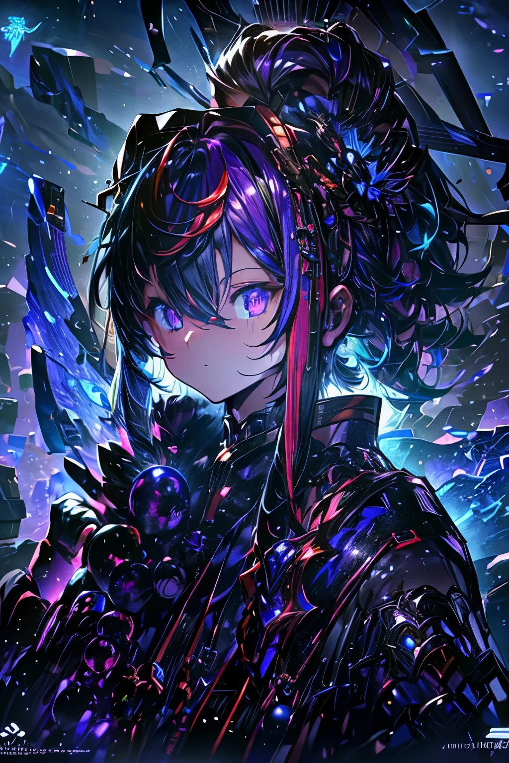 High resolution, masterpiece, Highest quality, One boy、Embarrassed、Purple Hair、Inner colorlight blue、Gradient color hairstyle, Diagonal bangs, Asymmetrical bangs, short hair、Asymmetrical Short、slacks、Wear warm clothes、Odd Eye、Attractive eyes、20-year-old、adult、headphone、music、magic、fallen Angel、Fantasy、moonlight、Moon God、vivid