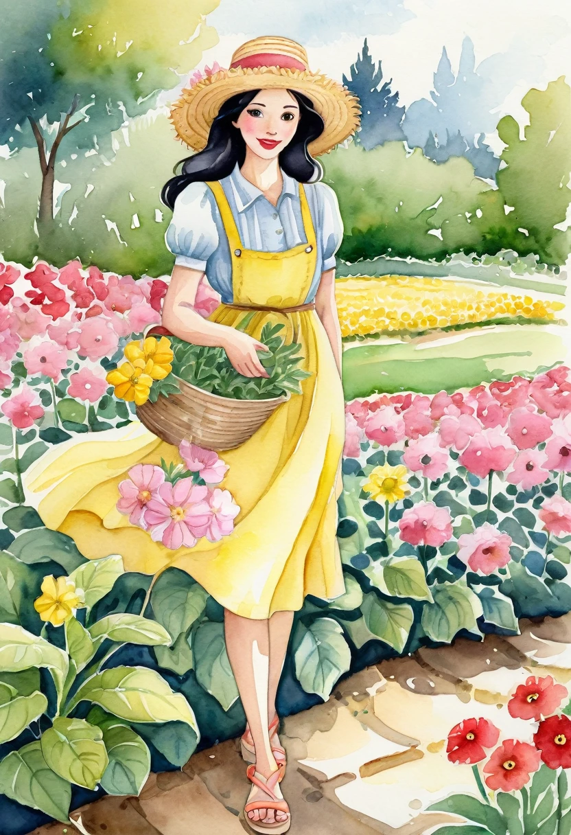 better quality. watercolor illustration, cartoon style, of a graceful Russian woman tending a flower garden in soft tones, straw hat, wavy black hair, yellow dress complemented by a pink apron with buttons, sandals on her feet, big brown eyes looking tenderly for your flourishing flora, detailed lines, paper colors, textured and ultra-thin paper. by Alicia Austin, Amanda Sage and Andien de Clermont. anime, kawaii,
