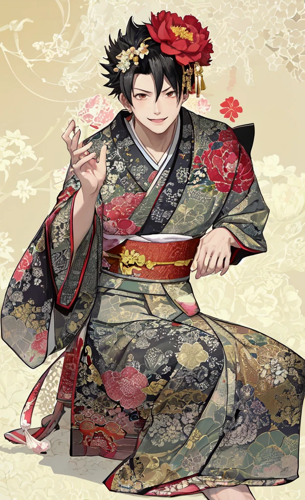Kuroo from haikyuu, Movie light, fashion, top light, close-up, close-up, spotlight, hazy ,kuroo Kotaro from haikyuu,Strong and masculine body with gorgeous clothing japen, Kuroo from Haikyuu smiled happily. Turning around, the others saw the pattern of the kimono he had received. Kimono with peony and fan pattern And he wore ornaments on his head like an oiran.