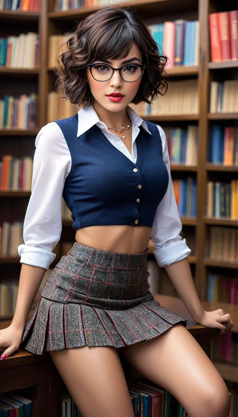 (((beautiful beautiful Isabela Merced, posing for uploadss, looking sexy, ruffled lips, Short and curly hair in different colors, extremely pretty eyes))), ((wearing floral silver necklace)), realistic uploadsgraph, highy detailed, Foco do pointed, (Main lighting), (indoor bookstore environment), Artwork, extremely pretty, Perfect beauty, (perfect shape body, Broad Hips, small waist, thick-thighs, firm abs, Body cute, knees, knees, focus on the knees, breasts small), short hair of different colors with bangs, short hair with bangs of different colors cobrindo a testa, short hair with bangs of different colors ((((short hair of different colors with bangs cobrindo a testa)))), ((30 years old)), (extremely detaild 8k wallpaper), ((face detailed)), (((wearing open white shirt, microsaia curta de tweed, knees, knees, very short skirt)), (long dark eyelashes), (looking at the camera), (((cleavage))), (glamor model), (seductive facial expression) (((standing between high shelves full of books))), extremely detaild, Artwork, Intricate details, highy detailed, Foco do pointed, skin detailed, realistic skin texture, texture, detailedeyes, high resolution, best quality, high resolution, (Artwork, maximum quality, high resolution:1.4), uploads, cinematic, film grain, pointed, soft natural light, magic uploadsgraphy, super verbose, ((whole body: legs 1.7)), librarian glasses, nerd glasses, ((pleated miniskirt: miniskirt 1.6)), unbuttoned blouse with cleavage, bellybutton, navel, cleavage, (Head to knee, all-body: knees 1.3), horny, lascivious, provocative, panties, raised knee, knee lift, horny, lascivious, provocative, knee lift, (((knee))), (((knee lift))), (((knee:. knee 1.3))), Knee, Knee Lift, Raised Knee, Focus on Knee