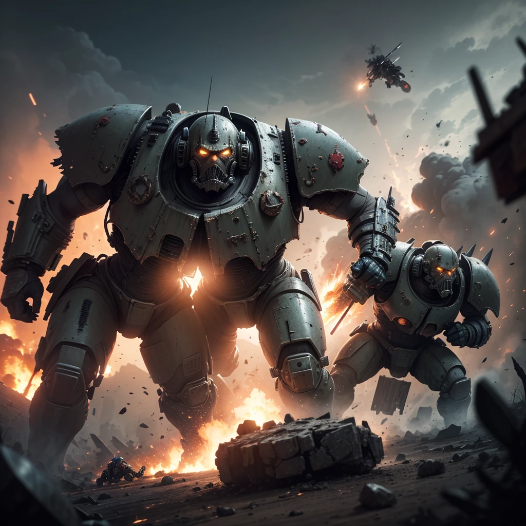 A highly detailed battle scene of space marines fighting against Orks on a war-torn world, cinematic angles, dramatic lighting, gritty textures, intricate machinery, explosions, sci-fi weapons, grim dark atmosphere, masterpiece, 8k, photorealistic, hyper detailed
