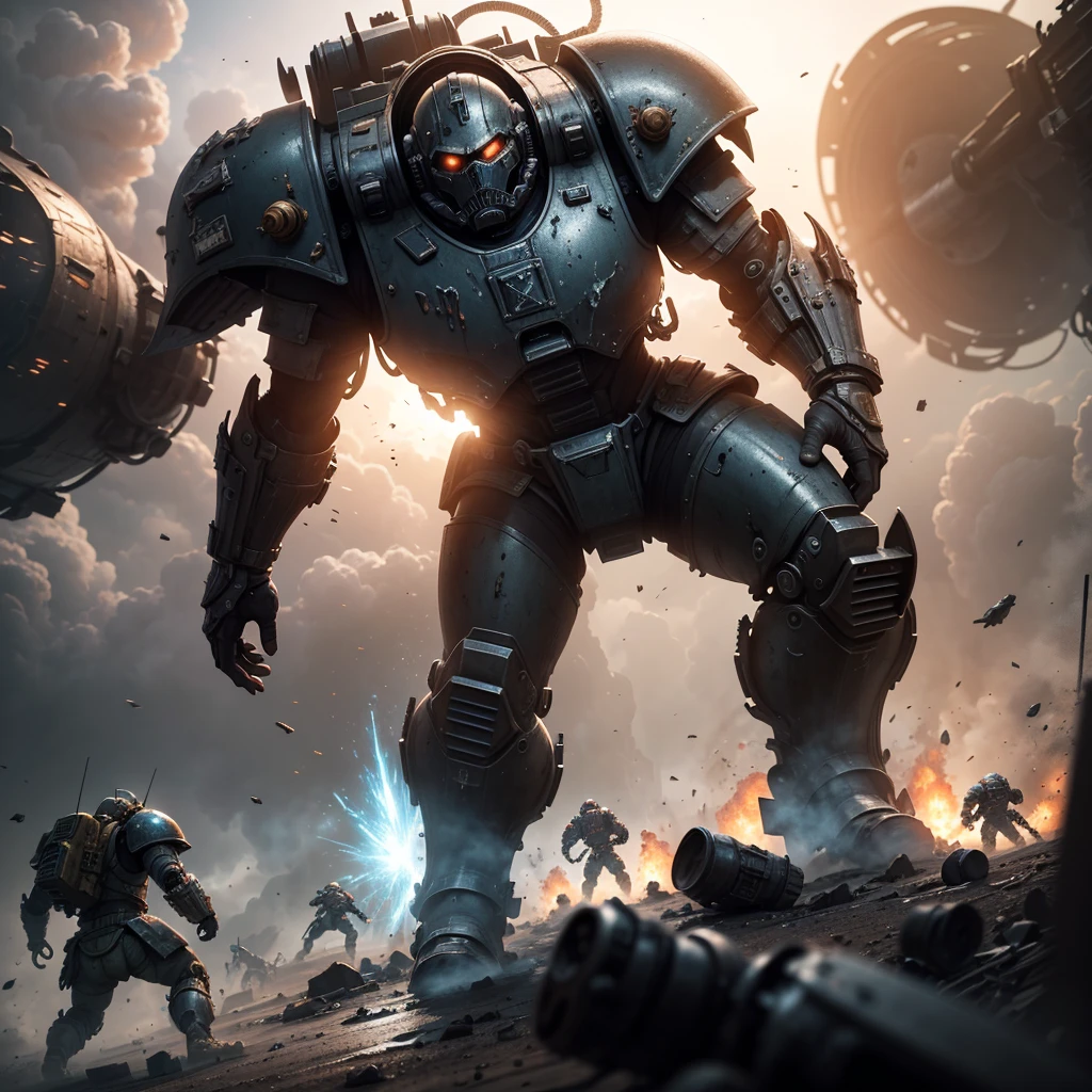 A highly detailed battle scene of space marines fighting against Orks on a war-torn world, cinematic angles, dramatic lighting, gritty textures, intricate machinery, explosions, sci-fi weapons, grim dark atmosphere, masterpiece, 8k, photorealistic, hyper detailed