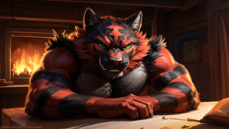 Male, (((solo))) character, incineroar, Male focus, 8k wuality, ultra realistic, 3d render, digital art, beautiful and detailed portrait of a Male incineroar, kenket, Ross Tran,ruan jia, uploaded to e621, zaush, foxovh, cenematic lighting, (((confident, seductive))), not muscular, weak, (((whole body showed))), (((detailed green eyes))), (((correct position))), (((dating))), (((loving eyes))), (((full in love))), (((seductive))), (((seduction))), (((master))), (((dominant))), (((sexy))), (((full body commission))), (((whole body showed))), (((feral))), (((bulge)))