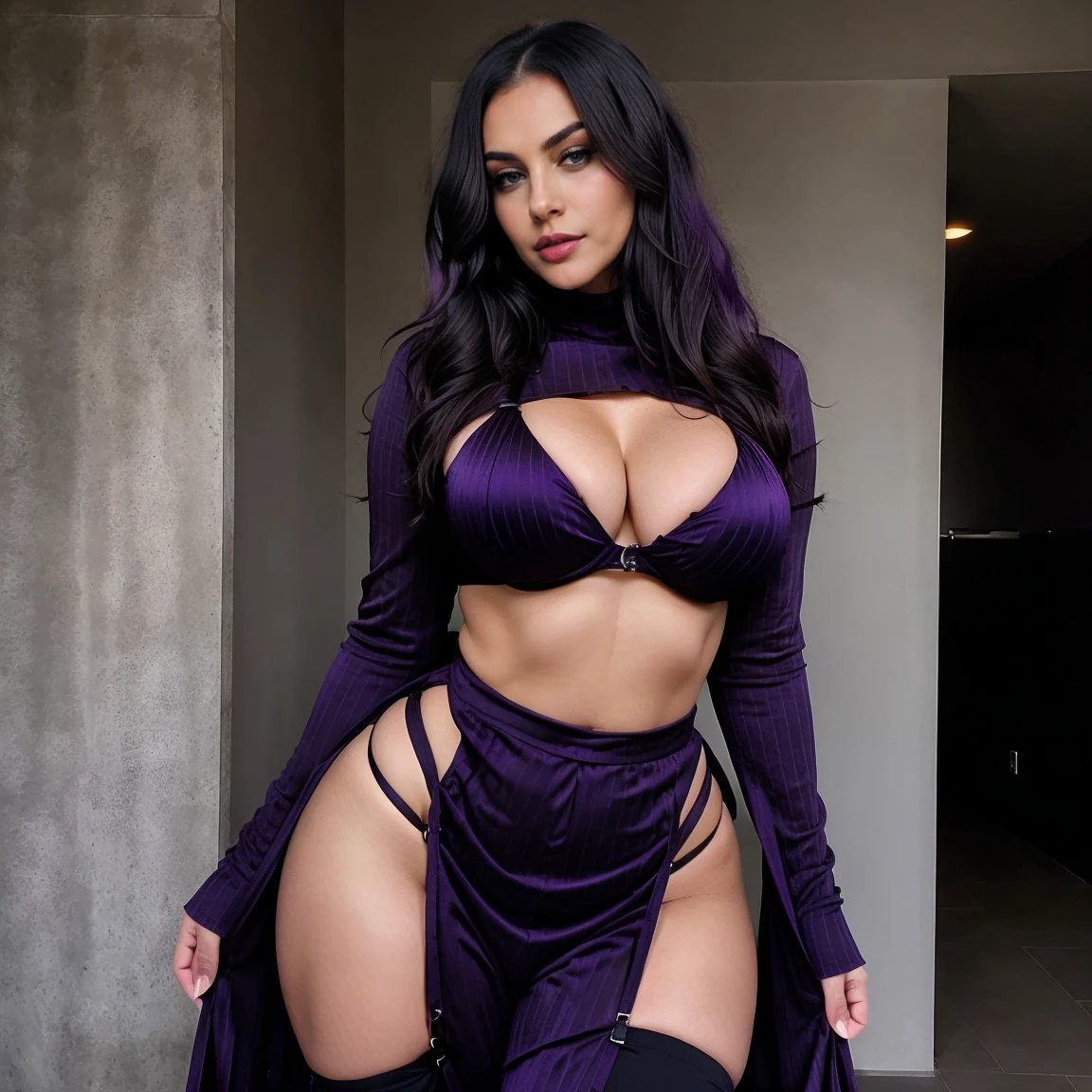 woman Hair: dark curly hair with purple stripes Makeup: Goth Build: Thick, beautiful cleavage, 36 inch tits, with big hips, Outfit: Dark purple unique attire with black and purple accent, with sealed bottoms Personality: Enigmatic, confident, alluring, and flirty woman