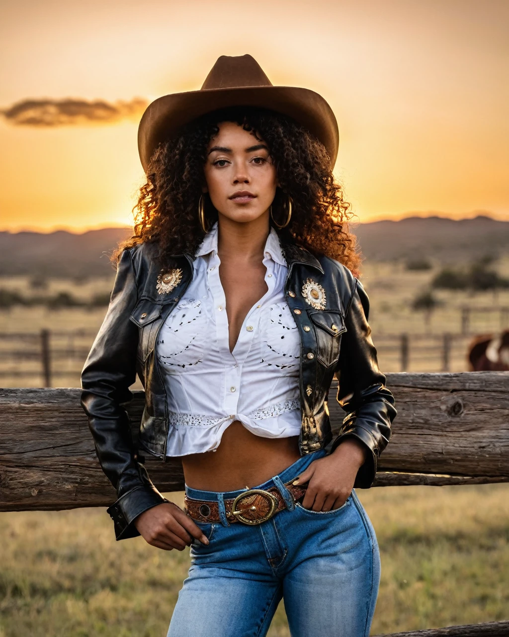 there is a black Brazilian woman that is standing next to a fence, cowgirl, western cowgirl, western clothing, gorgeous stella maeve magician, ashteroth, 🤠 using a 🖥, 🐎🍑, female cowgirl, photo shoot, beautiful stella maeve magician, cow-girl, with afro, photoshoot, shot at golden hour, by Lambert Doomer, cropped shirt with jacket