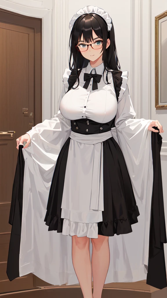 {{masterpiece}},high quality, 4K, 2D, 1 girl,{simple gray background},(attractive mature lady:1.6),milf,standing,sagging breasts,(gigantic breasts:1.5),maid,front face,{{tareme}},attractive mature lady,black hair, {from right in front of face and body},View viewers from front,{front facing shot},Wear glasses,(serious:0.1)