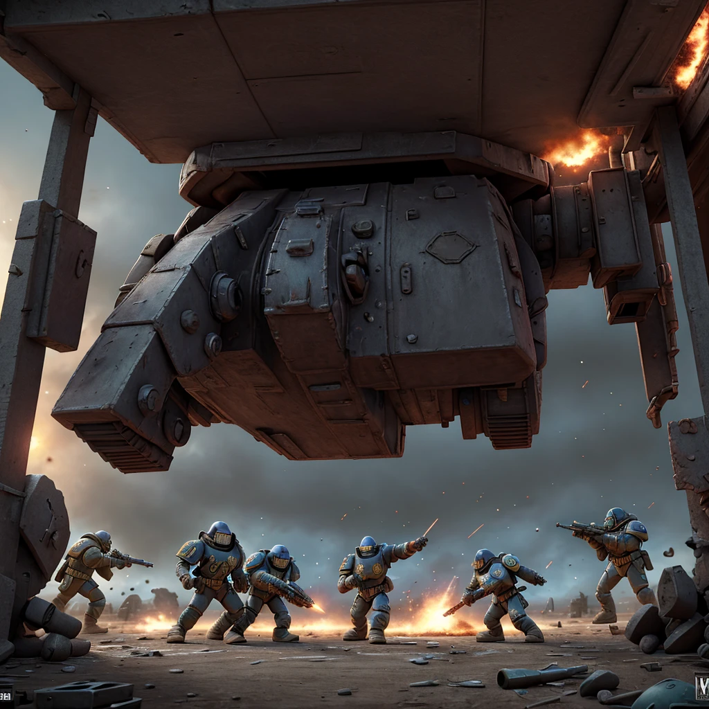 A highly detailed battle scene of space marines fighting against Orks on a war-torn world, cinematic angles, dramatic lighting, gritty textures, intricate machinery, explosions, sci-fi weapons, grim dark atmosphere, masterpiece, 8k, photorealistic, hyper detailed
