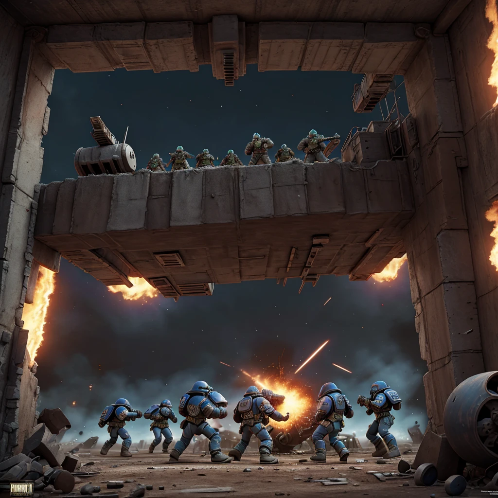 A highly detailed battle scene of space marines fighting against Orks on a war-torn world, cinematic angles, dramatic lighting, gritty textures, intricate machinery, explosions, sci-fi weapons, grim dark atmosphere, masterpiece, 8k, photorealistic, hyper detailed