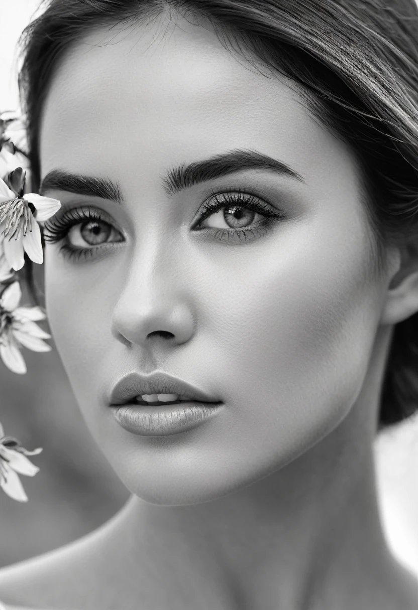 A black and white photo in raw format, zooming in on the intricate details of a woman's face, revealing the delicate lines of her skin and the depth of her expressive eyes. Frame the shot with a solitary striking flower, delicately held in the woman's hand, adding a touch of softness and femininity to the composition, enhancing the dramatic contrast and textures of the monochrome image.