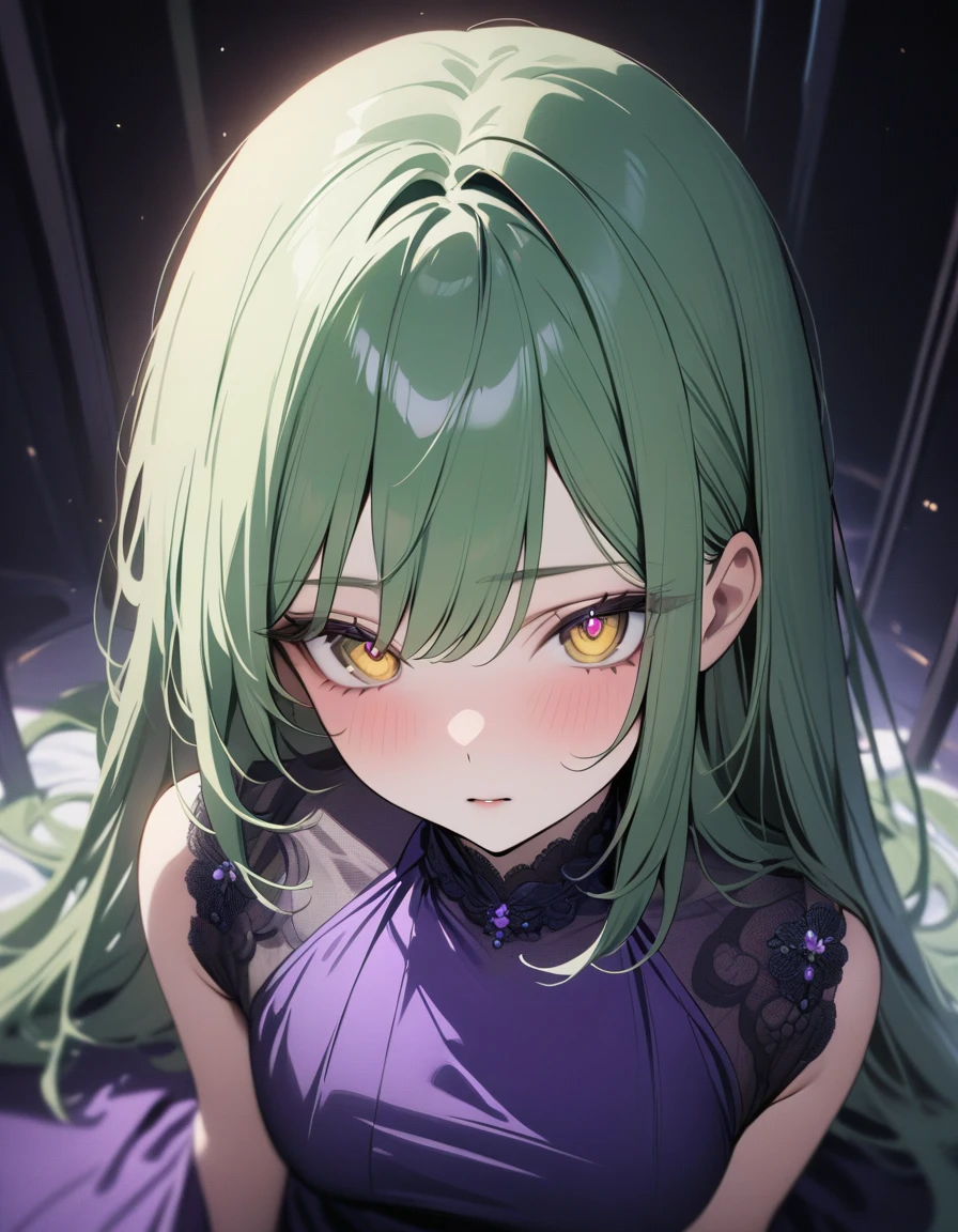 ((masterpiece, best quality)), newest, 1girl, solo, green hair, straight hair, yellow eyes, intricate eyes, purple dress, dark background, depth of field, lighting from above, exquisite, highly aesthetic, vibrant, 4k, close up