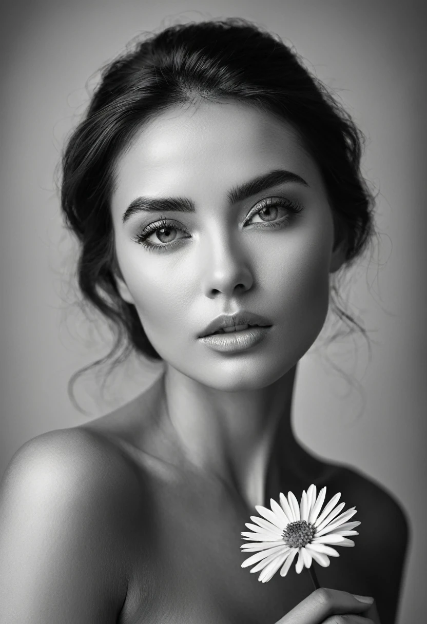 A black and white photo in raw format, zooming in on the intricate details of a woman's face, revealing the delicate lines of her skin and the depth of her expressive eyes. Frame the shot with a solitary striking flower, delicately held in the woman's hand, adding a touch of softness and femininity to the composition, enhancing the dramatic contrast and textures of the monochrome image.