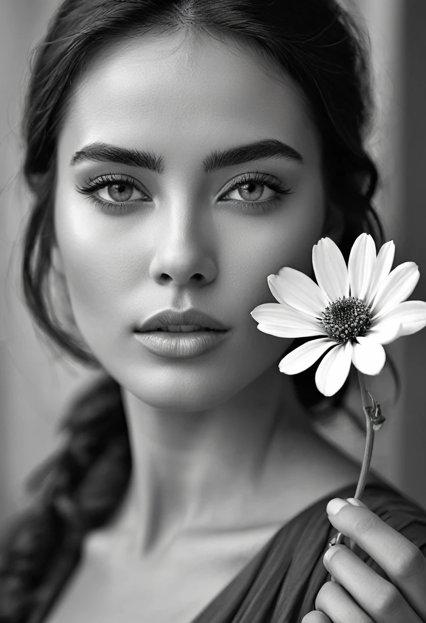 A black and white photo in raw format, zooming in on the intricate details of a woman's face, revealing the delicate lines of her skin and the depth of her expressive eyes. Frame the shot with a solitary striking flower, delicately held in the woman's hand, adding a touch of softness and femininity to the composition, enhancing the dramatic contrast and textures of the monochrome image.