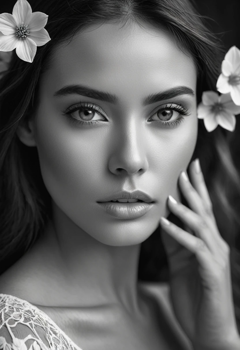 A black and white photo in raw format, zooming in on the intricate details of a woman's face, revealing the delicate lines of her skin and the depth of her expressive eyes. Frame the shot with a solitary striking flower, delicately held in the woman's hand, adding a touch of softness and femininity to the composition, enhancing the dramatic contrast and textures of the monochrome image.