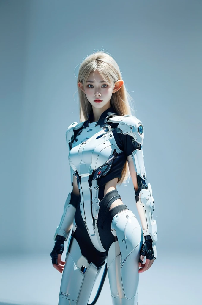 best quality, 1080P, Masterpiece, Whole body photo, Ultra high resolution, photorealistic photo, ultra realism, Realistic skin texture, light blonde hair, Extreme skin detail, dslr, Detailed eyes, Facing the camera, Very beautiful face, Firm facial structure, Pale skin, Realistic skin texture, Extreme skin detail, oc render reflection textures, Realistic light and shadow, One picture, alone, The body is slender and balanced.., Age 20, Height 170, สาวbare, bare, no underwear, A girl with the body of a mechanical robot.., Transparent futuristic black glass mech armor., Transparent light blue armor, The mechanical cervix is stuck in the neck.., Flat stomach, Woman with perfect mechanical arms and legs, full body view, Whole body photo, elf ears