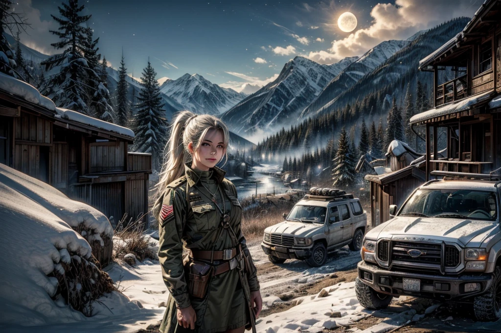 (masterpiece, best quality:1.2), cowboy shot, weissvale, smile, closed mouth,  looking at viewer, long white hair, side ponytail, scar above eye, scar below eye, army dress,  jewelry, necklace, earrings, standing with army in city ruins on hill, overlooking valley, BREAK night, stars, moon, snow, BREAK mountains in background, waterfall, vehicle wreck, army searching with rifles, (army in military uniform), bonfires, post-apocalypse, dystopian future, 