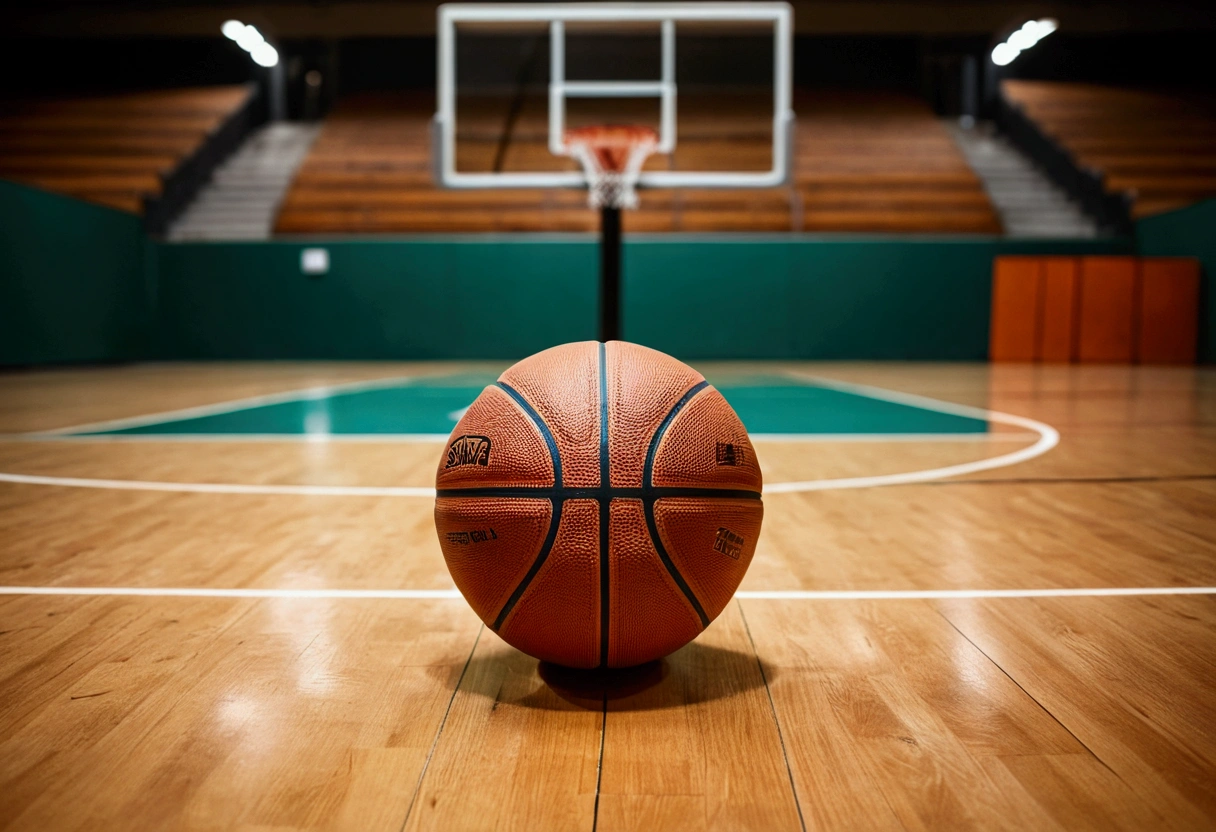 a picture of a basket ball on the floor, basketball court in the background like in a commercial, basketball court is out of focus
