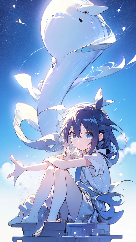 Seven-doppelganger shot,Anime style 4K,High quality anime art style,Standing painting,Splash ink background,Blue Themes、Pure white background,Buildings,Face close-up,Buildings,Moon and sun、Shining Star々,milky way,Bright Sky,Looking at me,Facing forward,Clear eyes and nose,cute,beautiful,Thin legs,sitting by the water, black hair, Blue eyes, girl, bob, front, cute,Blue Background,Long Hair,Whale flying in the blue sky,Buildings,whale,Black Hair