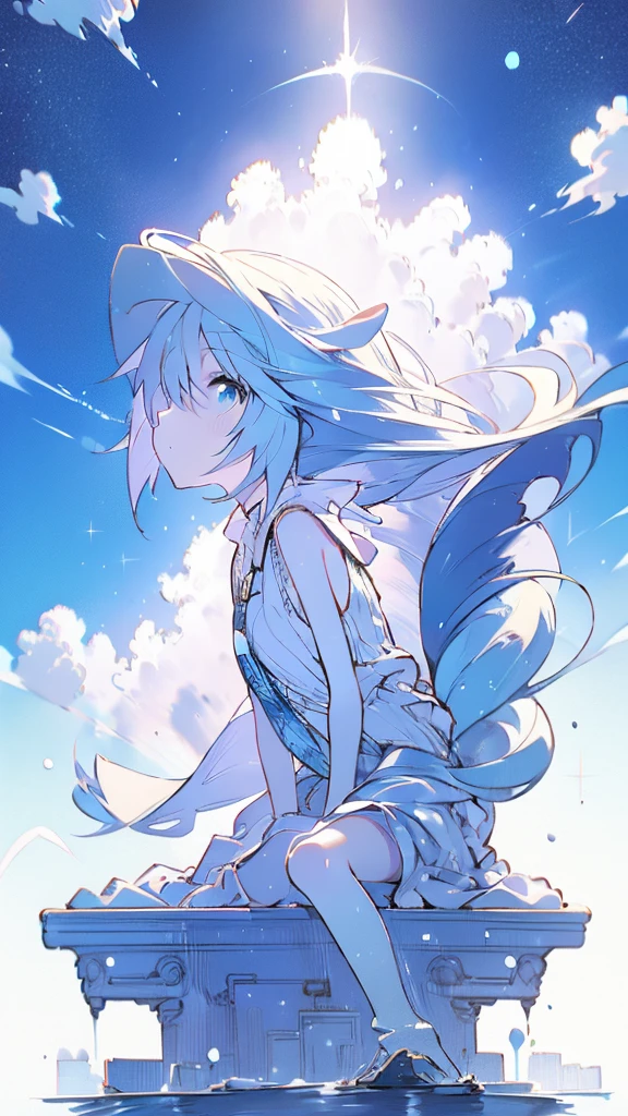 Seven-doppelganger shot,Anime style 4K,High quality anime art style,Standing painting,Splash ink background,Blue Themes、Pure white background,Buildings,Face close-up,Buildings,Moon and sun、Shining Star々,milky way,Bright Sky,Looking at me,Facing forward,Clear eyes and nose,cute,beautiful,Thin legs,sitting by the water, black hair, Blue eyes, girl, bob, front, cute,Blue Background,Long Hair,Whale flying in the blue sky,Buildings,whale,Black Hair
