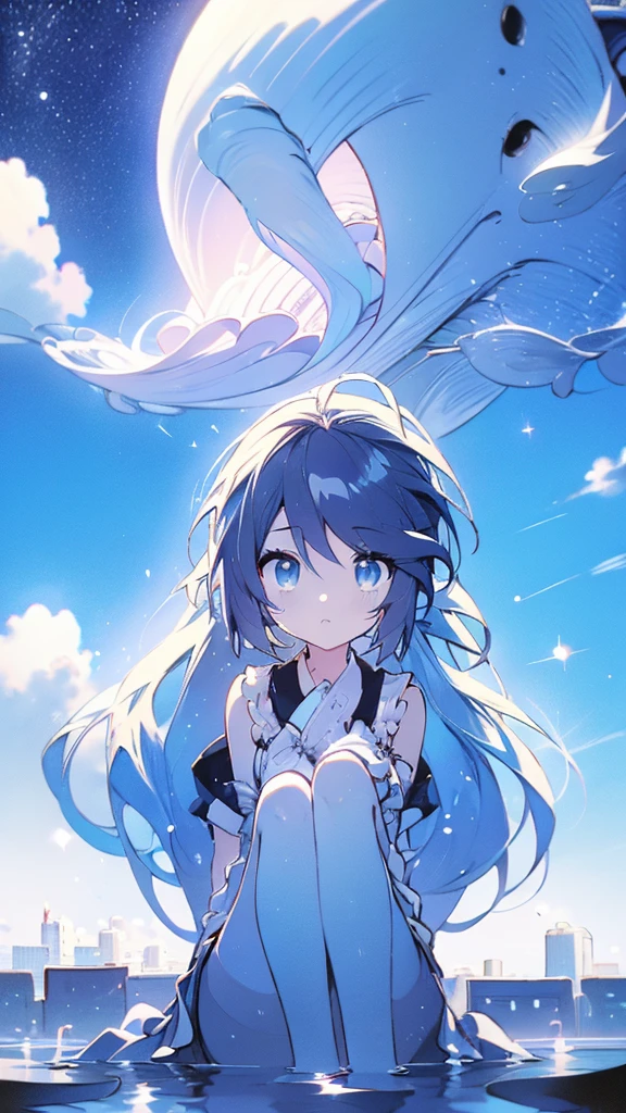 Seven-doppelganger shot,Anime style 4K,High quality anime art style,Standing painting,Splash ink background,Blue Themes、Pure white background,Buildings,Face close-up,Buildings,Moon and sun、Shining Star々,milky way,Bright Sky,Looking at me,Facing forward,Clear eyes and nose,cute,beautiful,Thin legs,sitting by the water, black hair, Blue eyes, girl, bob, front, cute,Blue Background,Long Hair,Whale flying in the blue sky,Buildings,whale,Black Hair