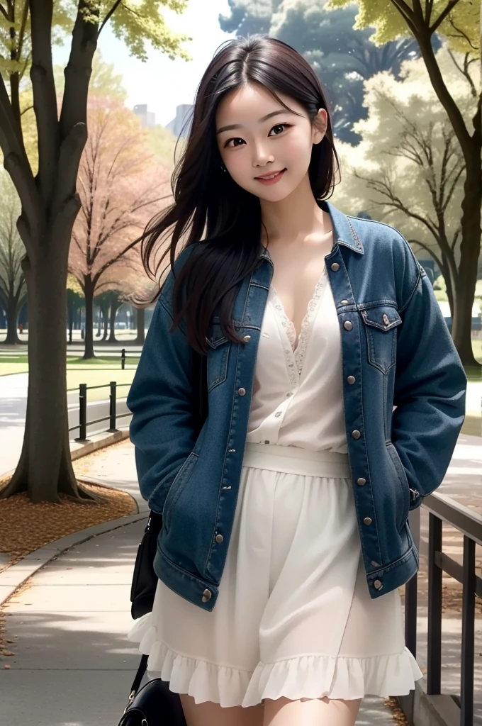 masterpiece, Highest quality, One girl, beautiful, Are you okay, delicate, Very complicated, detailed, Black Hair,Jacket,  ((masterpiece)), extremely detailed, Highest quality, High resolution, ((at the park)), Bridget, smile,  