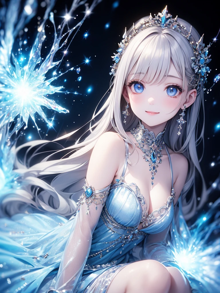 (master piece),(4k),high quality,(small breasts),1girl,long silver hair,pale skin,smile,beautiful detailed blue eyes, (Highly detailed elegant),(blue priest clothing), Magical colors and atmosphere, Detailed skin,(cute blue sparkle),blue light particles,The background is soft and blurry,Add a dramatic and symbolic element to your scene, Depth of written boundary, Bokeh, Silky to the touch, Hyper Detail,sitting,create an ethereal atmosphere like a dream