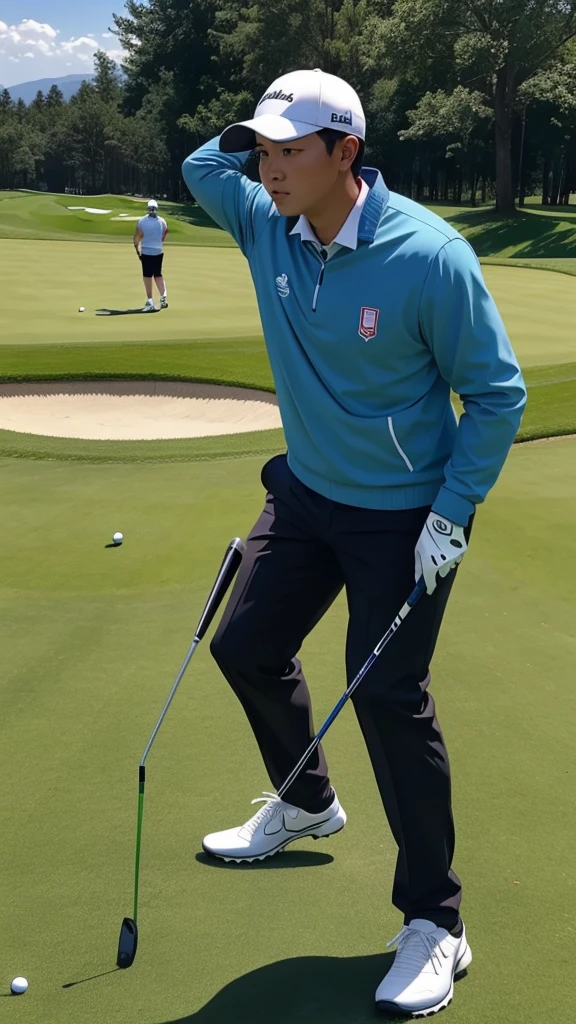 Playing a golf match at the Olympics。