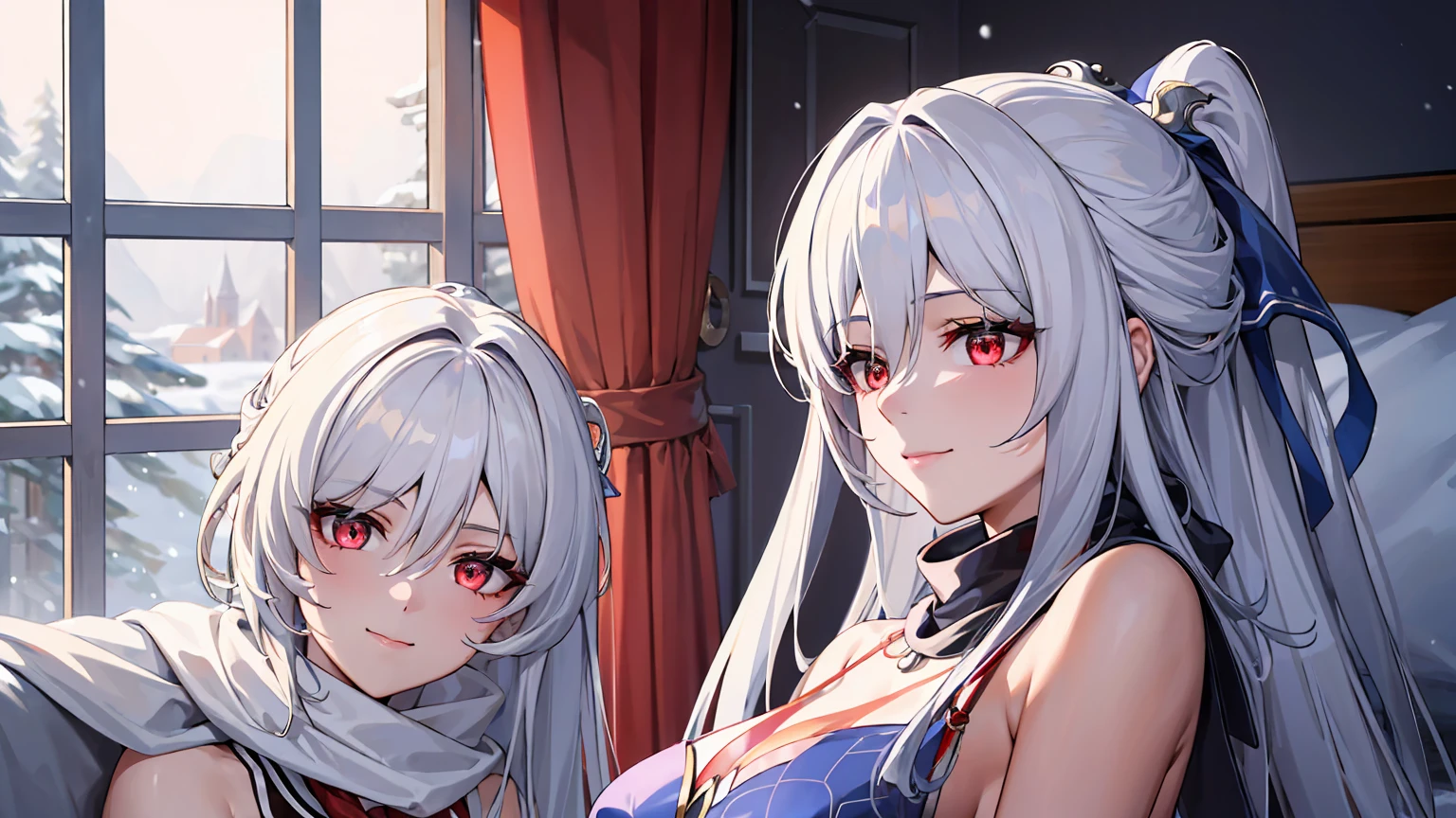 masterpiece, best quality, JingliuV5, 2girls, white hair, long hair, red eyes, white dress, white sailor collar, white scarf, sitting on bed, indoors, bedroom, windows, blue sky, winter, snow, smile, upper body. closed mouth,