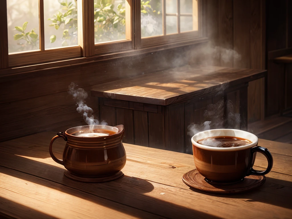 a steaming cup of fresh brewed coffee,detailed realistic coffee cup,steam rising from the cup,warm lighting,detailed latte art,smooth velvety texture,rich dark brown color,intricate coffee foam patterns,sitting on a wooden table,natural light from window,moody atmospheric lighting,high quality detailed photorealistic image