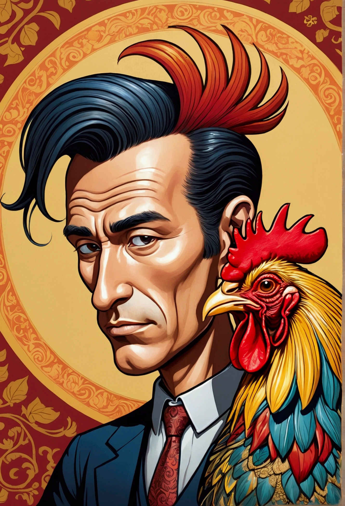 Cartoon of a man , half man and half rooster