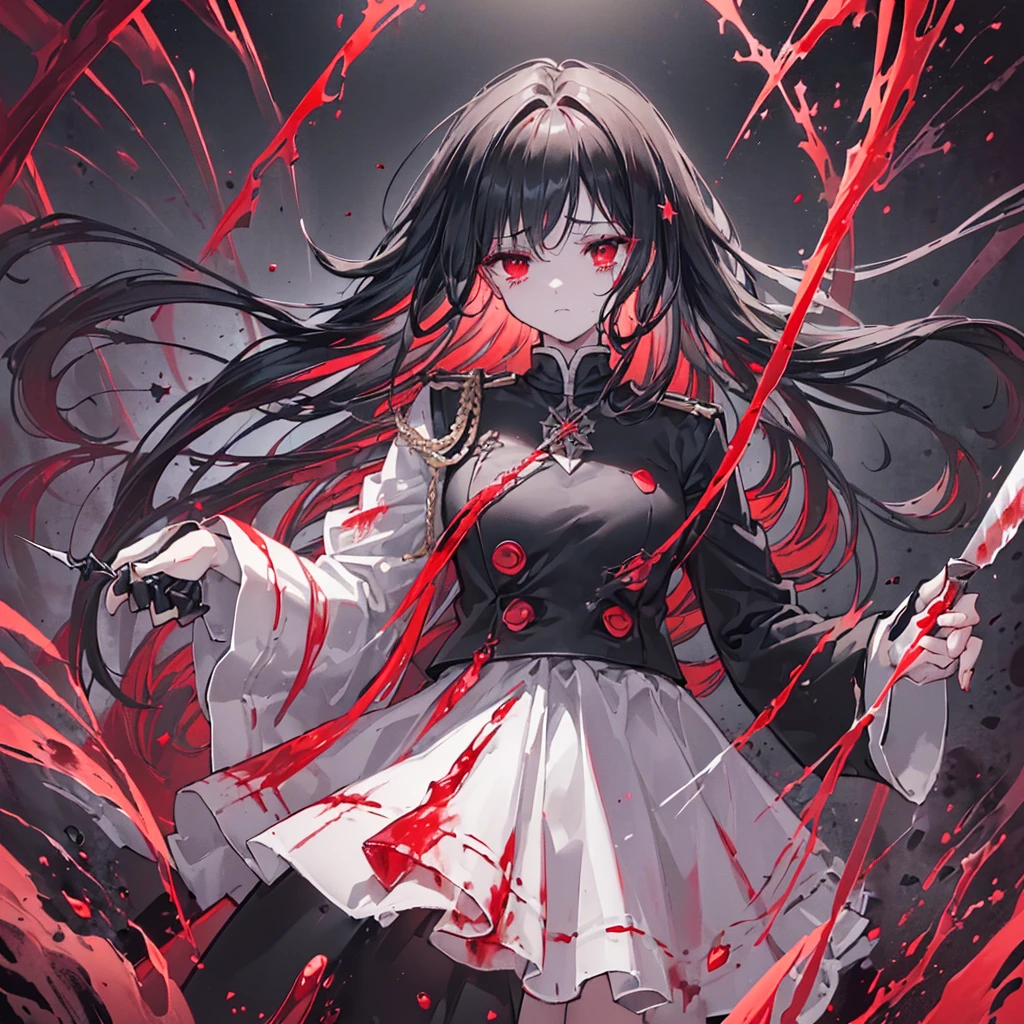 (((((Hold the knife Bathe in blood))))) ((((Fantasy Black Hair、Long Hair Dull red eyes uniform)))) (((Lonely despair))) ((necklace tears gloves)) (Broken glass Distorted Space-Time star moon) Catch the wind autumn Shining Background Particles of light
