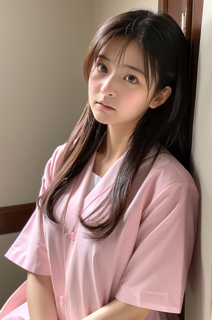 ((highest quality, masterpiece :1.3)), Photorealistic、Ultra-high resolution、Natural skin texture、Hyperrealism、Reflection from the waist up、Beautiful Japanese girl in her early teens、One girl、Larger breasts、Pink nurse uniform、Frightened expression、Tears flowing