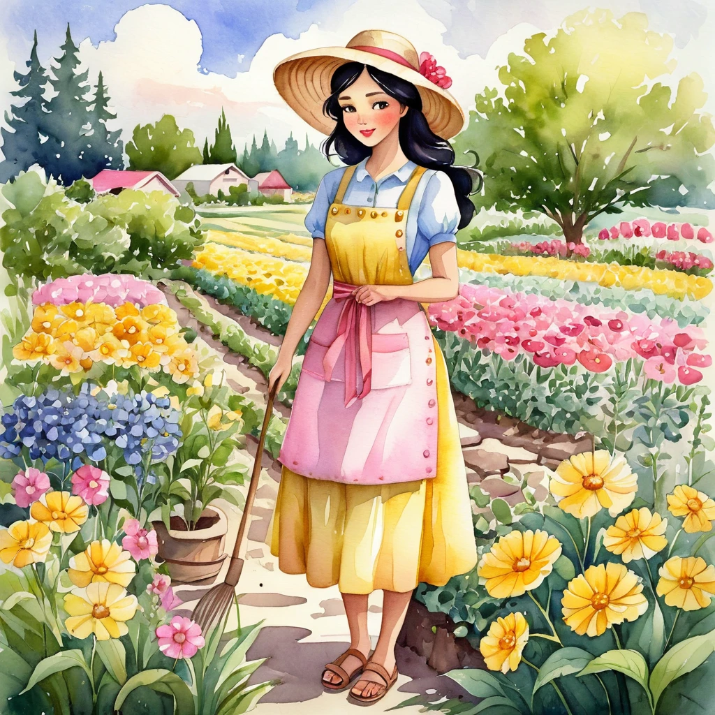 better quality. watercolor illustration, cartoon style, of a graceful Russian woman tending a flower garden in soft tones, straw hat, wavy black hair, yellow dress complemented by a pink apron with buttons, sandals on her feet, big brown eyes looking tenderly for your flourishing flora, detailed lines, paper colors, textured and ultra-thin paper. by Alicia Austin, Amanda Sage and Andien de Clermont. anime, kawaii,