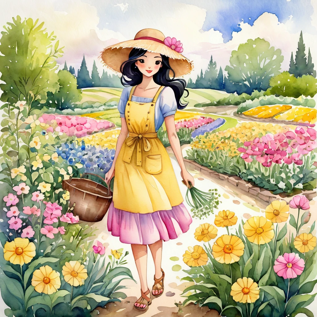 better quality. watercolor illustration, cartoon style, of a graceful Russian woman tending a flower garden in soft tones, straw hat, wavy black hair, yellow dress complemented by a pink apron with buttons, sandals on her feet, big brown eyes looking tenderly for your flourishing flora, detailed lines, paper colors, textured and ultra-thin paper. by Alicia Austin, Amanda Sage and Andien de Clermont. anime, kawaii,