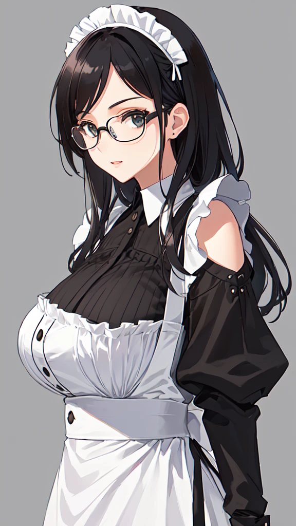 {{masterpiece}},high quality, 4K, 2D, 1 girl,{simple gray background},(attractive mature lady:1.6),milf,standing,(sagging breasts:0.9),(gigantic breasts:1.3),maid,front face,{{tareme}},attractive mature lady,black hair, {from right in front of face and body},View viewers from front,{front facing shot},Wear glasses,(serious:0.1)