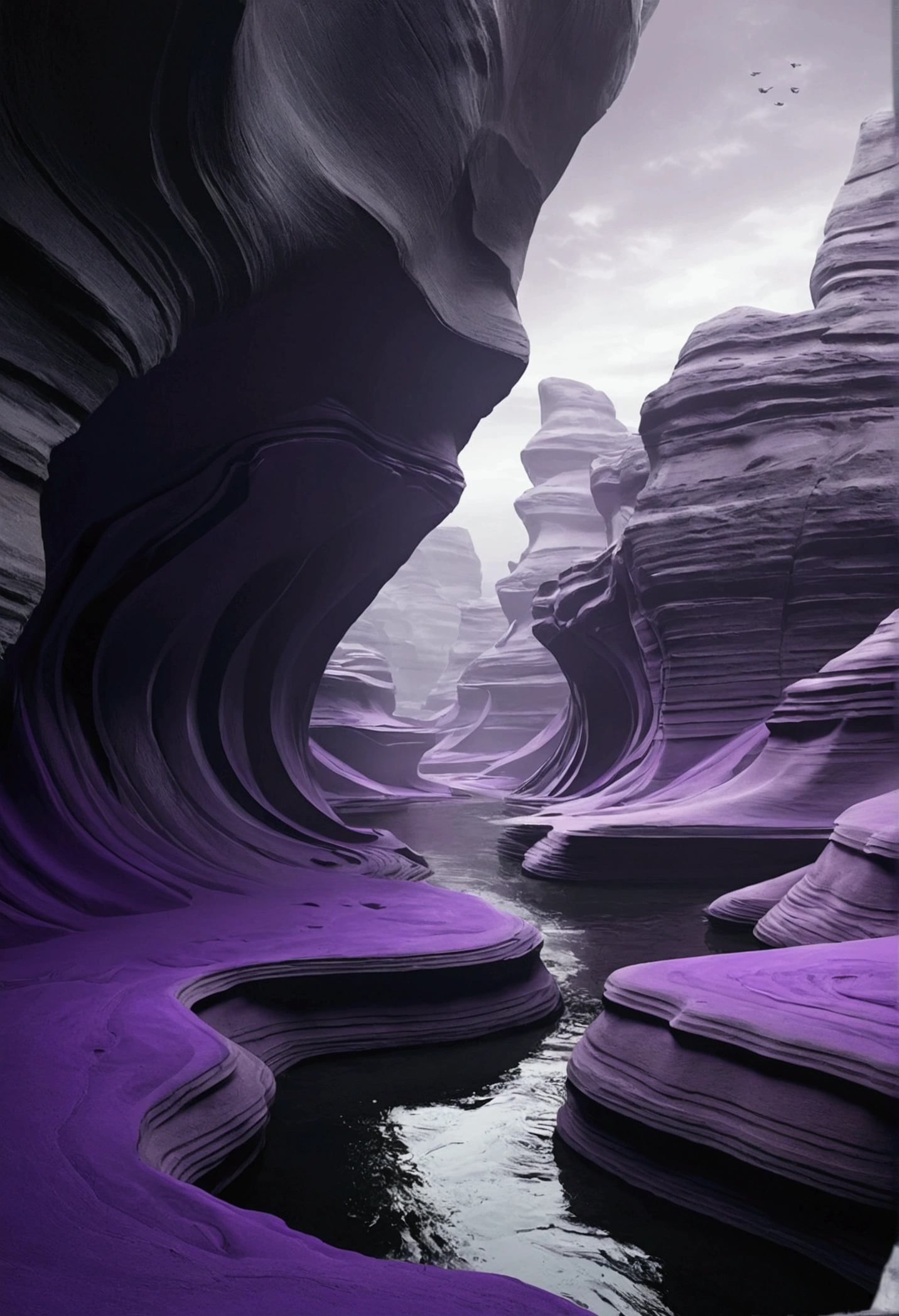 create a futuristic violet, black and grey world 100000 years, realist, canyons without water