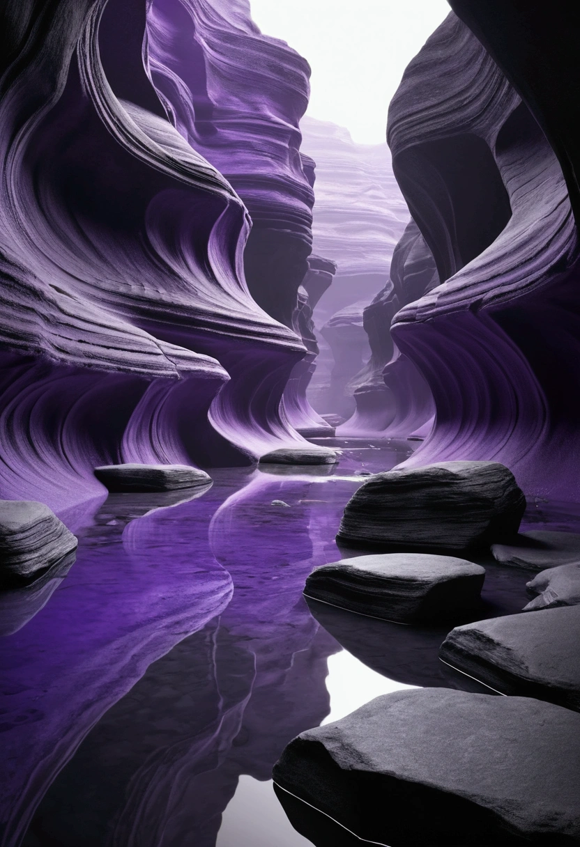 create a futuristic violet, black and grey world 100000 years, realist, canyons without water