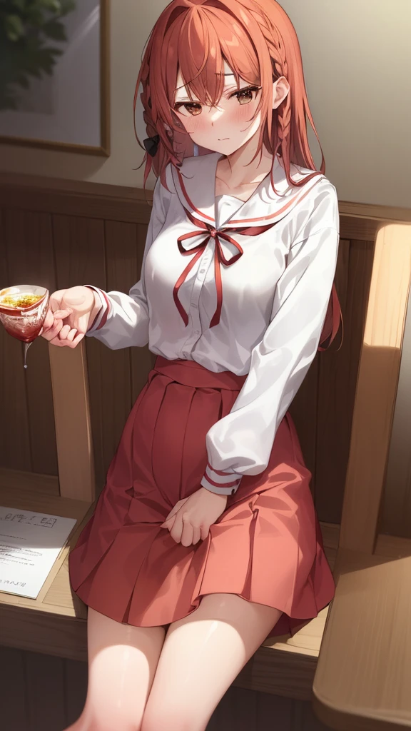 2d, masterpiece, best quality, anime, highly detailed, 1girl, solo, sumi, looking at viewer, single braid, side braid, hair bow, white bow, white shirt, long sleeves, sailor collar, red ribbon, red skirt, pleated skirt, relaxed, blush, from below, panties, lift Skirt, sitting, ((very drunk)), ((staggers)), ((drank too much)), ((exhausted)), ((agitated)), ((belly stuffed)), ((full belly)),