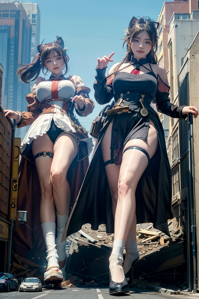 looking at the camera、steampunk、Standing on top of a ruined building、Big building explosion、The building collapses、Urban hustle and bustle、Traffic jam、City of Rubble、street tree、Car and bus、truck、taxi、City boulevard、Pedestrian bridge、Streetcar route((((Azur Lane Cheshire Cosplay))))、Frilled maid outfit、((Super huge breasts))、((Plump thighs))、Ground View,City of Giants,500 foot tall giant girl,skyscraper,Has super long legs,Step into the crowd,There are many people on the street,Knee-high socks,A happy look,Standing on the ruins,Beautiful appearance,Exquisite makeup,quality,8k,高quality,Perfect Proportions, Cinema Lighting,Film Grain,The Colors of Fuji,8k,Textured skin,Super Detail,High detail,high quality,High resolution,explode,False Smile、Reaching out