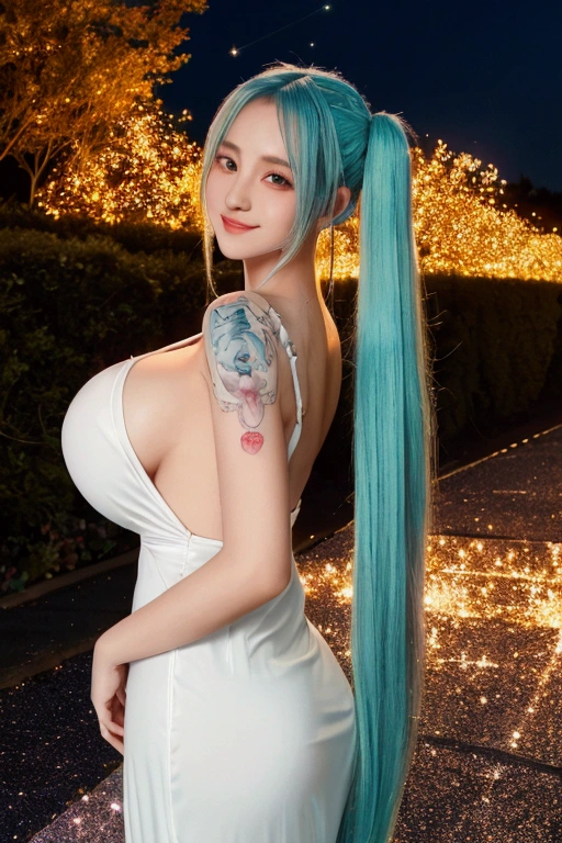 masterpiece, best quality, 1girl,  pretty girl，looking at viewer，smile, huge tit, white dress, wet clothes, areola_slip,covered_nipples,,hatsune_miku, vocaloid, very_long_hair,  twintails, number_tattoo,aqua_eyes, aqua_hair,,in street,glowing stardust frontground,fantasy,sparkling,fireflies,