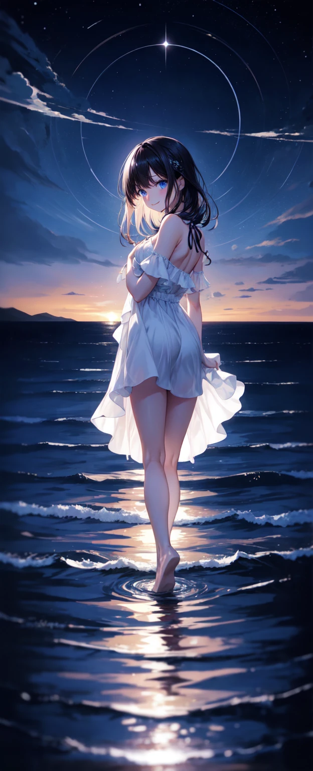 One girl, solo, High resolution, chest, Gaze, smile, Shortcuts, bangs, blue eyes, Black Hair, Back view, White dress,Starry Sky,Seaside