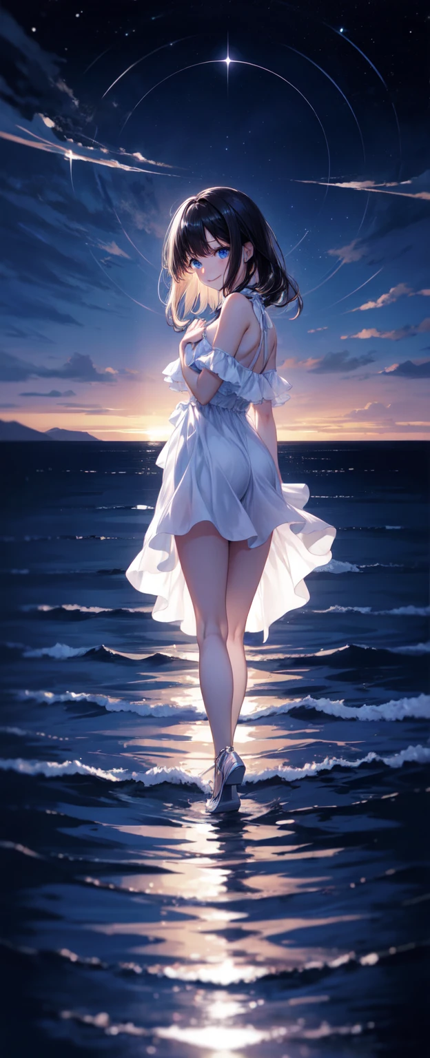One girl, solo, High resolution, chest, Gaze, smile, Shortcuts, bangs, blue eyes, Black Hair, Back view, White dress,Starry Sky,Seaside