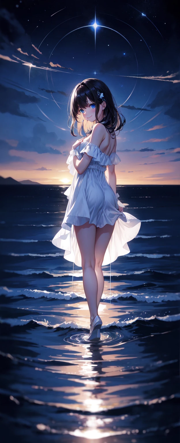 One girl, solo, High resolution, chest, Gaze, smile, Shortcuts, bangs, blue eyes, Black Hair, Back view, White dress,Starry Sky,Seaside