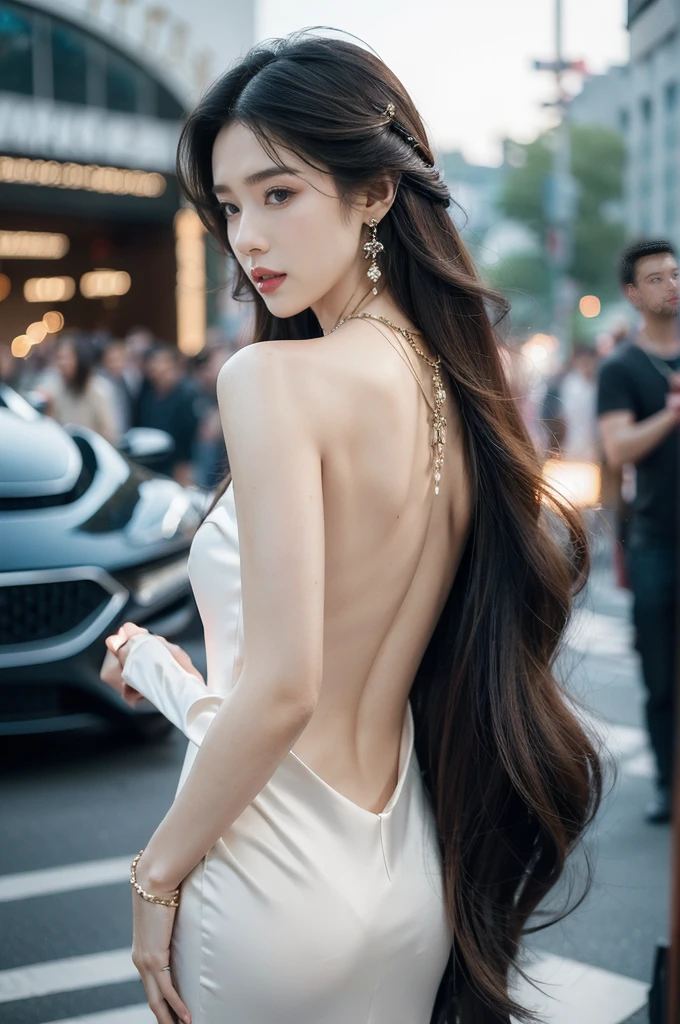(((best quality))),(((ultra detailed))),(((masterpiece))),illustration,((1girl,gorgeous female model,solo)),((earrings,crystal necklace)),((slim,thin)),((bare back,towering hips,butt crack)),(standing:1.3),(beside a sleek futuristic car:1.3),(glamorres sparkled gown:1.3),intricate embellishments,drop-dead gorgeous,(shoulder length straight hair:1.2),vibrant piercing eyes,delicate facial features,rosy cheeks,parted res lips,confident allure,beauty grace,intricate patterns,shimmering fabric,elegant draping,complementary skin tone,radiates beauty,allure,sleek streamlined design,futurism,smooth curves angles,ambient lighting,ethereal aura,intricate patterns,LED lights,glow,sea of activity,(surrounded by crowded crowds:1.3),examine cars,electric atmosphere,cyberpunk style,excitement anticipation,energy palpable,enthusiasm future automobiles,modern elegance,technological innovation,captivating vibrant scene,invite viewers step into future,embrace beauty,((from back,upper body))