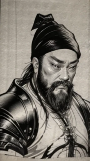 (((Three Kingdoms Monochrome)))、(((Tying up hair、Wearing a black swimming cap、Young man in armour)))、（（Ancient Chinese man in armor））、beard、（Ink Painting）、Highest quality、masterpiece、Ultra-high resolution、(Realistic:1.4)、Game Poster、王国の三人のbeard男,Oriental、As seen in the Romance of the Three Kingdoms々military commander、Crisp and beautiful image quality ,(Skin of color)、 gloves, Long trousers, (Very detailed, bloom:1.5), (Highest quality, Concept Art, 4K), (analog:1.2), (high sharpness), (Detailed pupil:1.1),,Detailed face and eyes, masterpiece, Highest quality, (Very detailed:1.1), 8k, photoRealistic, (PurerosFace_v1:0.2), [:(Detailed face:1.2):0.2], sharp,Realistic Shadow, 