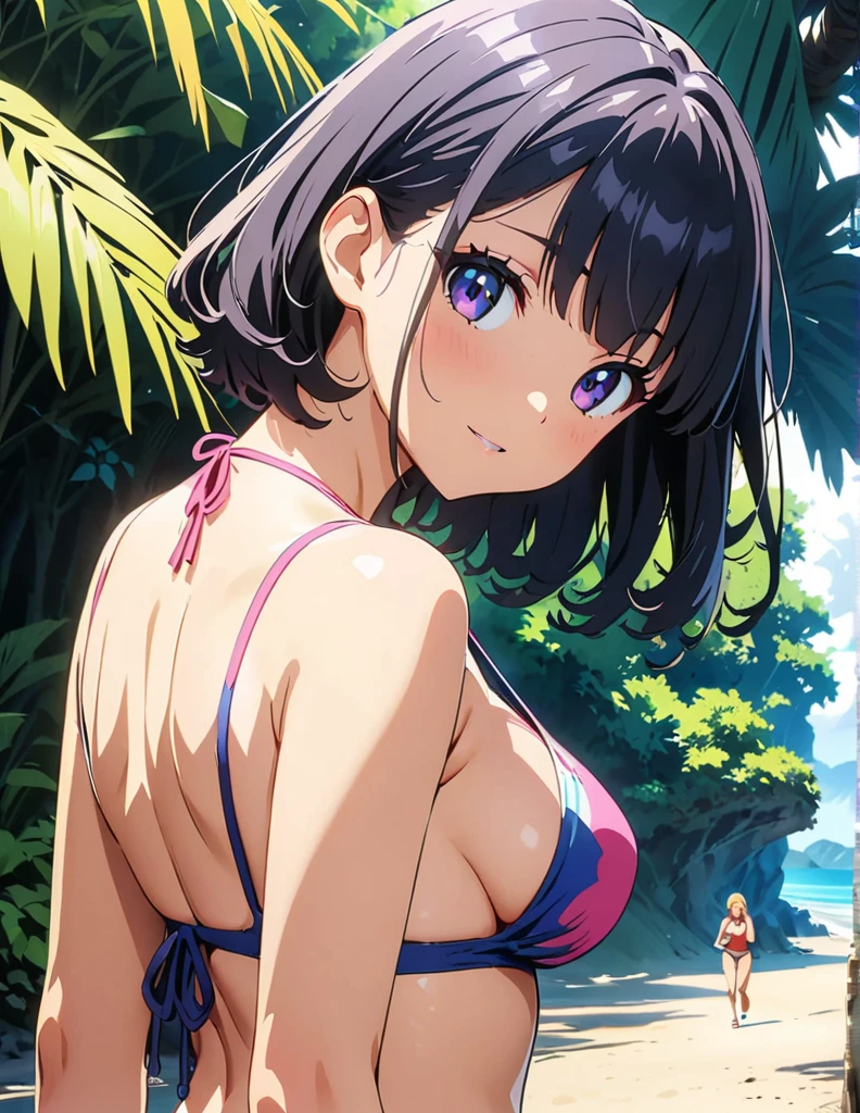 (anime artwork, anime style, studio anime, very detailed, up to date, vibrant, Anime Coloring, high contrast, masterpiece:1.2, best quality, best aesthetics),1 girl,hug from behind,bikini, Medium chest,random hair, One eye is hidden by the bangs, perfect proportions, high detail skin, Cute, detailed faces,beach, precise fingers,curvy,adjusting bikini, from behind, looking back,